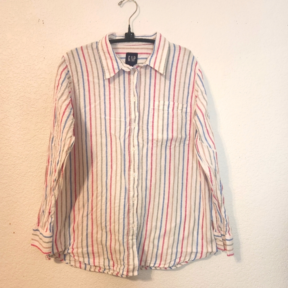 GAP Button Down Linen Blend Striped Boyfriend Style Shirt, Size M